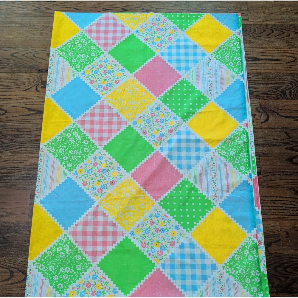 Vtg 70s Pastel Quilt Patchwork Pattern Cottagecore Twin Flat Sheet Cheater